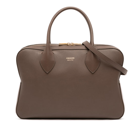 Ferragamo Stella Triple Zip Satchel Brown Calfskin