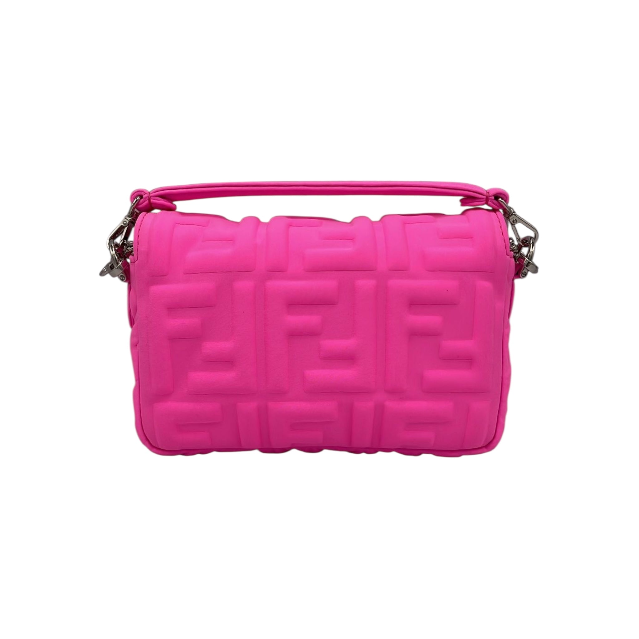 Fendi Baguette Chain Bag Mini Fluorescent Pink Rubberized/Silicone embossed FF Logo Silver