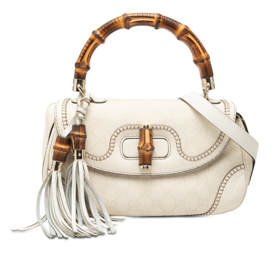 Gucci New Bamboo Medium White GG Canvas Calfskin
