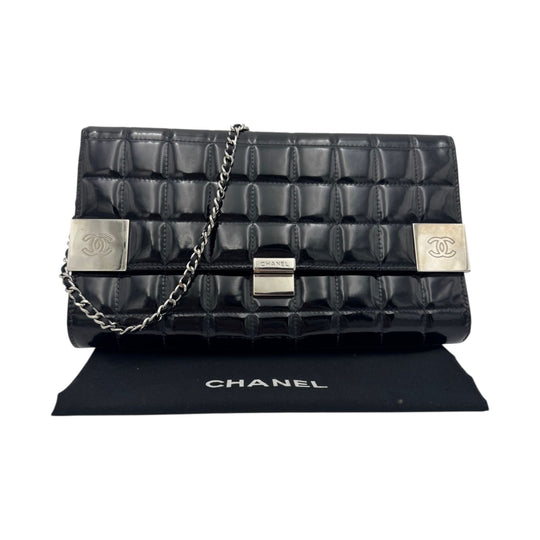 Chanel Chocolate Bar Clutch on Chain Black Patent Silver