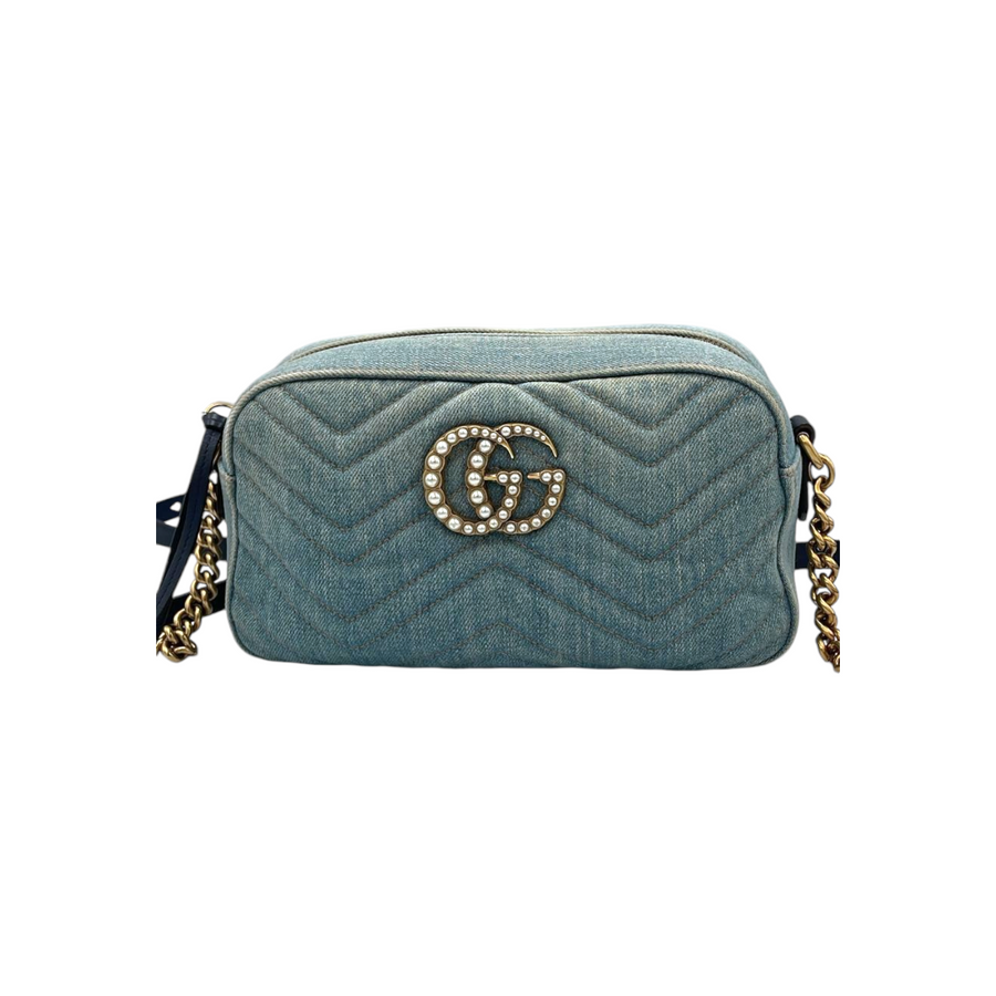 Borsa a tracolla Gucci GG Marmont Denim trapuntato blu