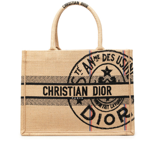 Dior Book Tote Medium Beige Embroidered Jute Textile