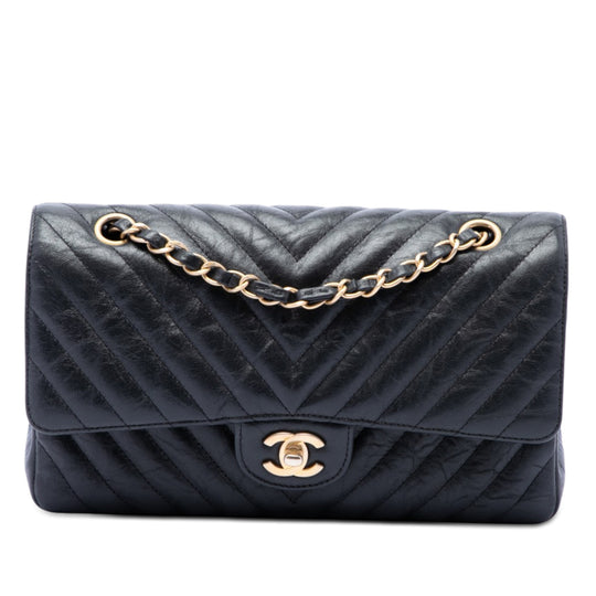 Chanel Classic Chevron Double Flap Medium Black Crumpled Calfskin Gold