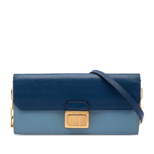 Miu Miu Madras Wallet on Chain Blue Goatskin Gold