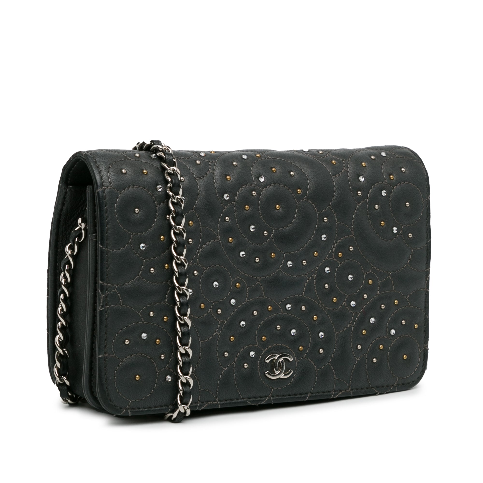 Chanel Camellia Wallet On Chain Black Studded Calfskin