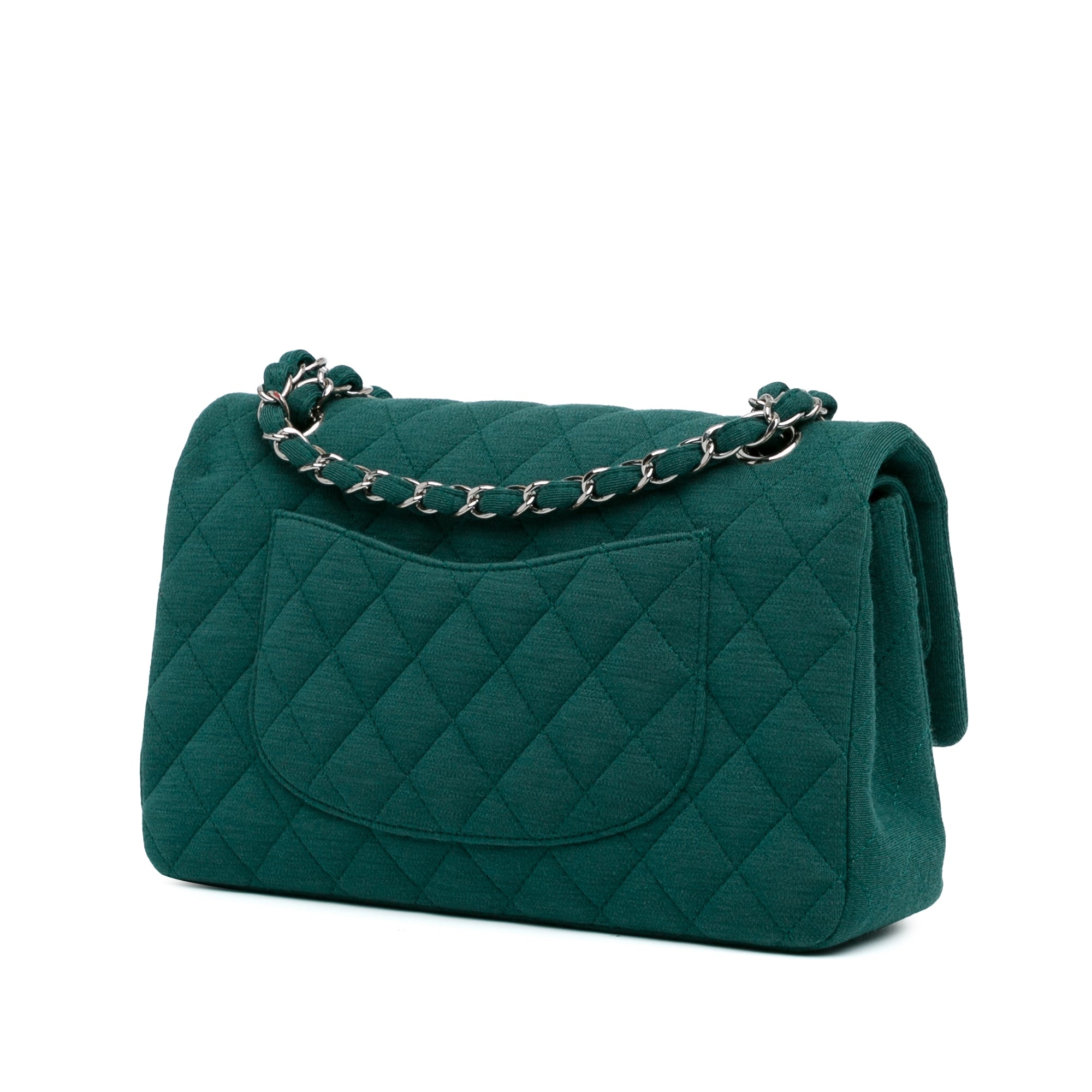 Chanel Classic Double Flap Medium Green Jersey Silver