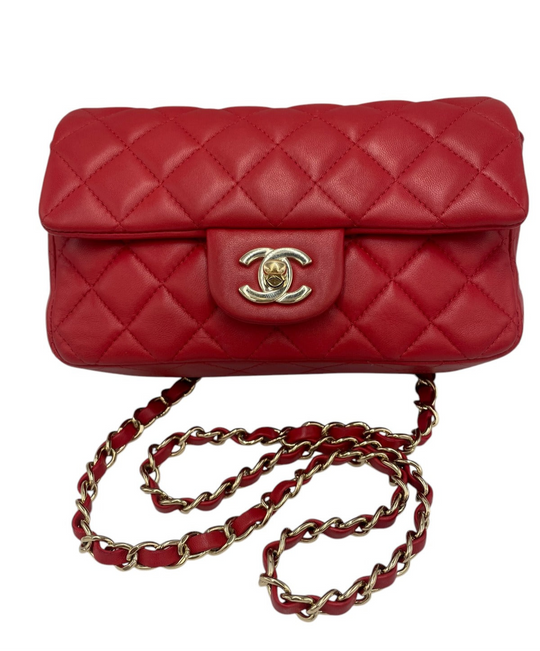 Chanel Classic doppia patta piccola pelle di agnello rossa dorata