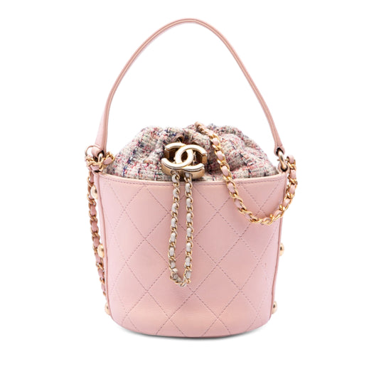 Chanel CC Drawstring Bucket Small Pink Calfskin and Tweed