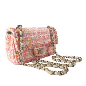 Chanel Classic Rectangular Flap Bag Mini Multicolor Pink Tweed Gold