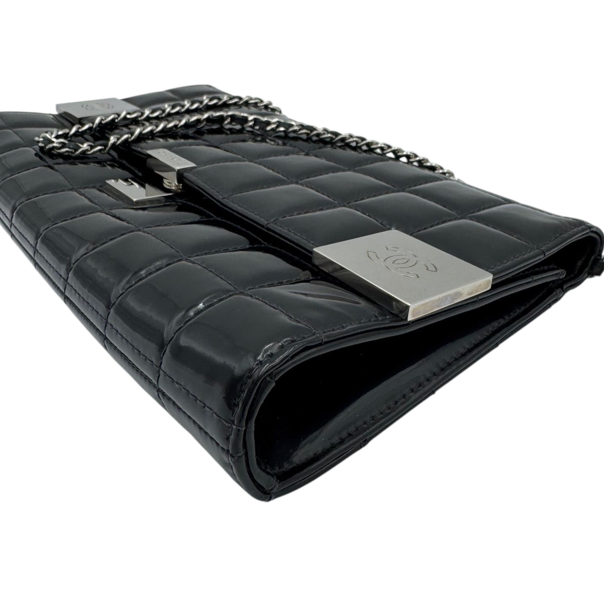 Chanel Chocolate Bar Clutch on Chain Black Patent Silver