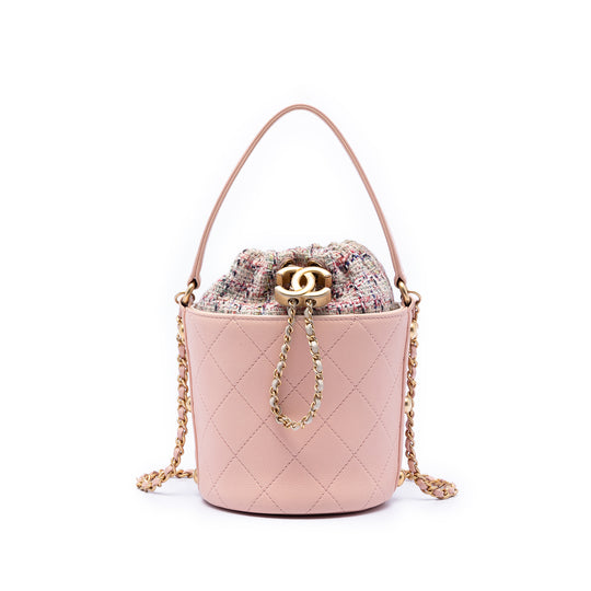 Chanel CC Drawstring Bucket Small Pink Calfskin Tweed