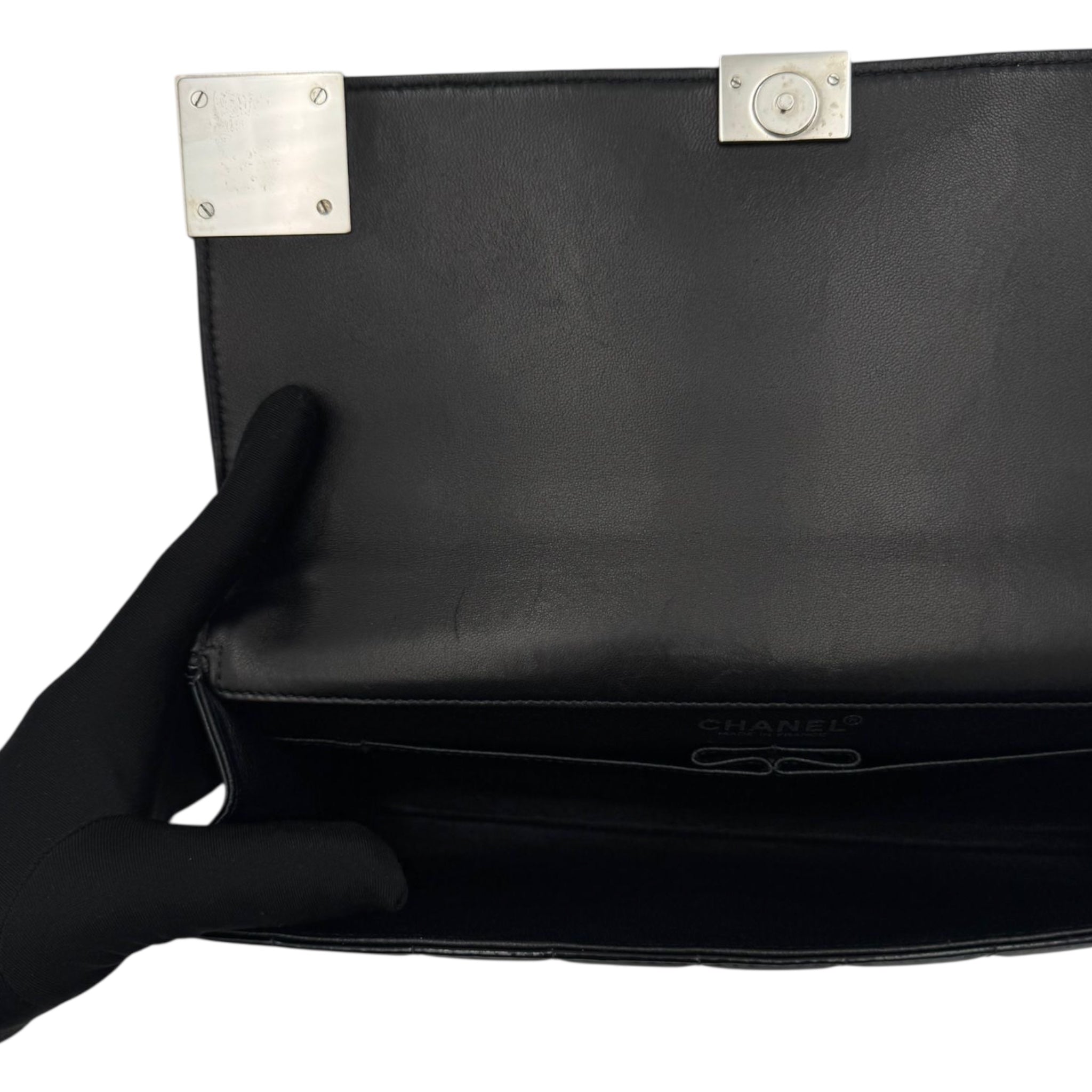 Chanel Chocolate Bar Clutch on Chain Black Patent Silver