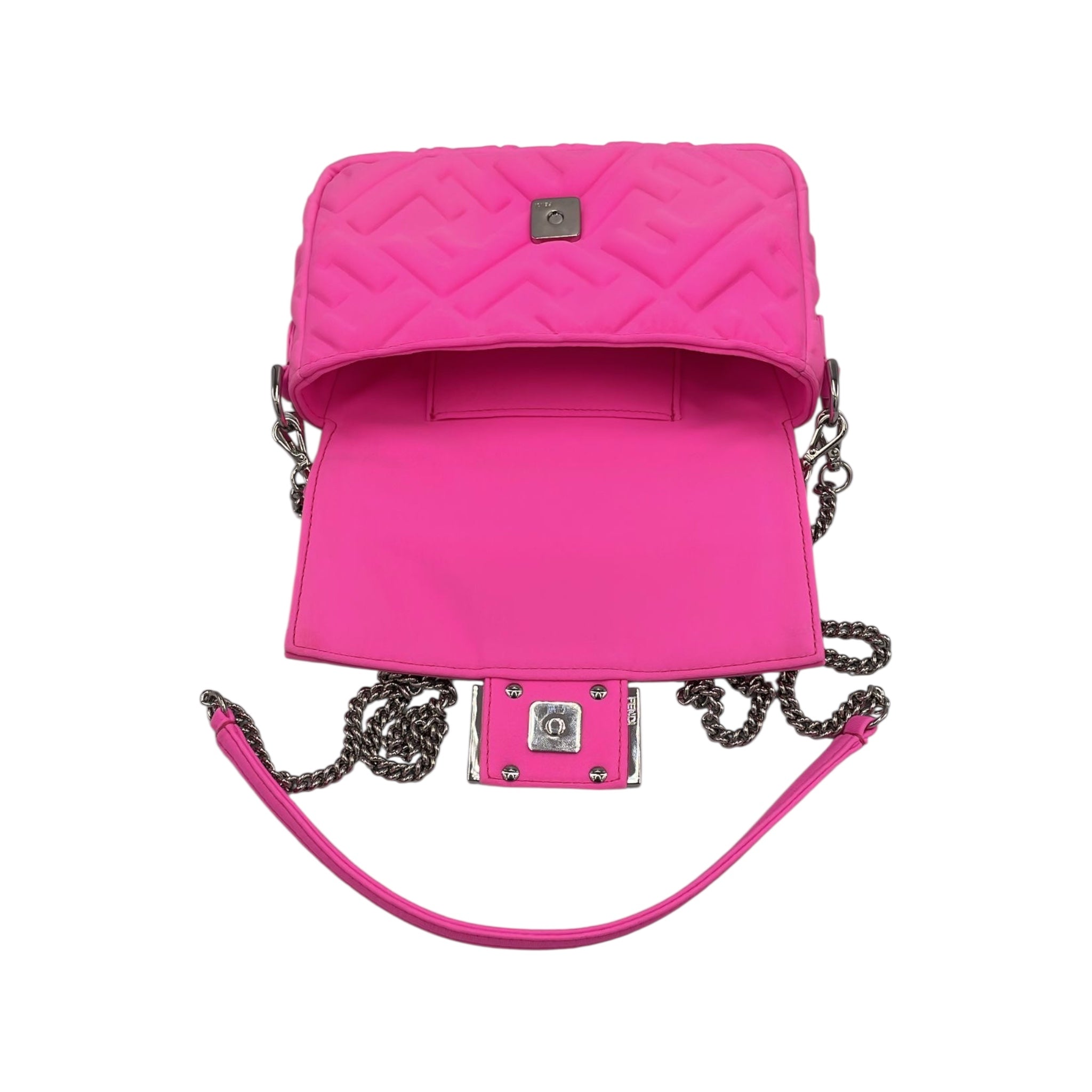Fendi Baguette Chain Bag Mini Fluorescent Pink Rubberized/Silicone embossed FF Logo Silver