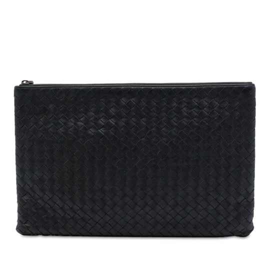 Bottega Veneta Intrecciato Flat Zip Biletto Pouch Large Black Nappa Leather