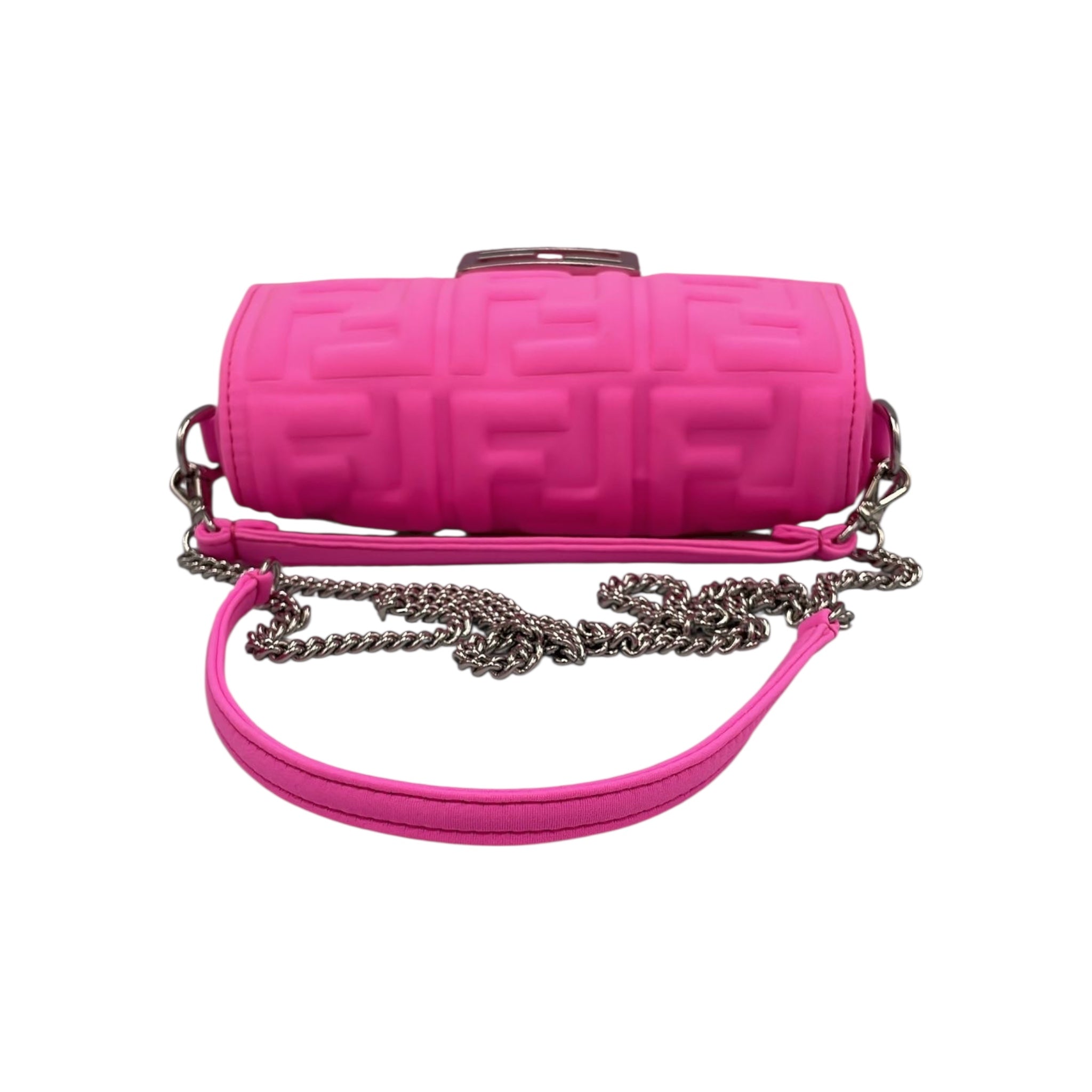 Fendi Baguette Chain Bag Mini Fluorescent Pink Rubberized/Silicone embossed FF Logo Silver