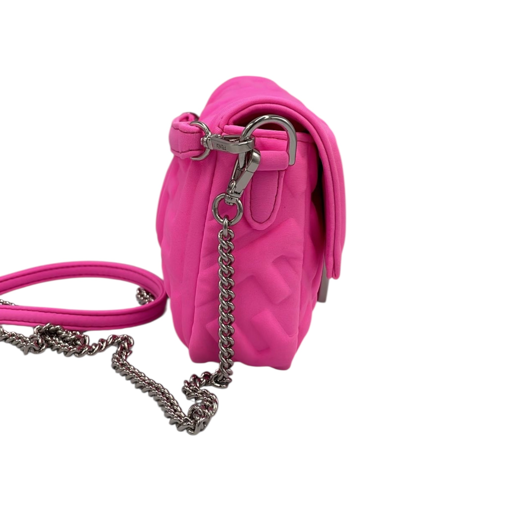 Fendi Baguette Chain Bag Mini Fluorescent Pink Rubberized/Silicone embossed FF Logo Silver