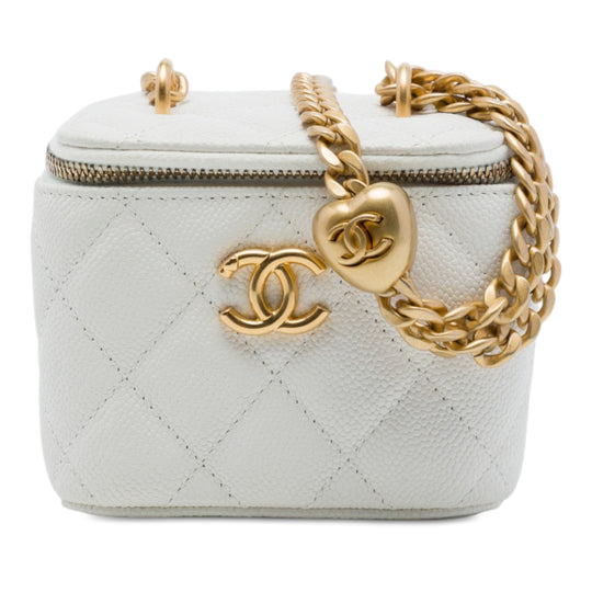 Chanel CC Sweetheart Vanity Case Mini White Quilted Caviar