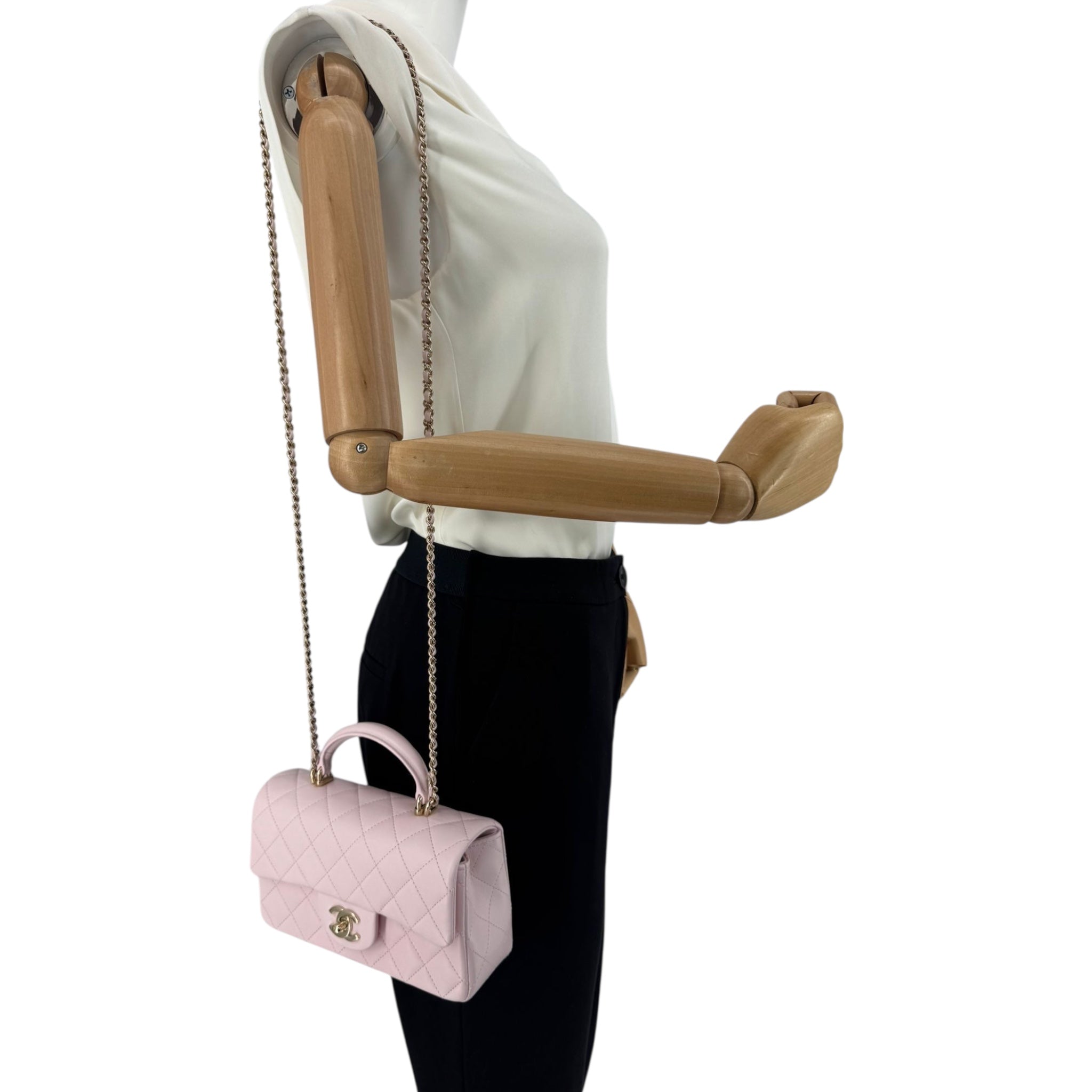 Chanel 22P Top Handle Rectangular Mini Light Pink Lambskin Gold