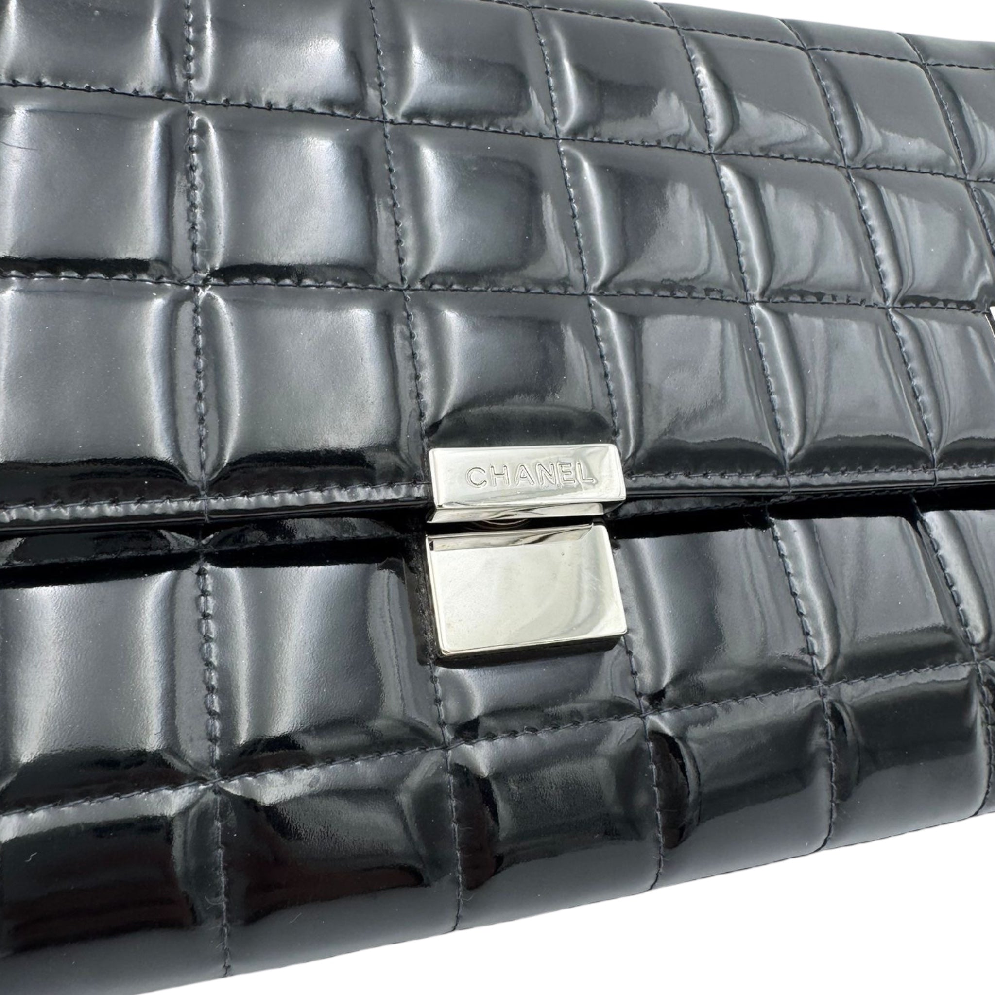 Chanel Chocolate Bar Clutch on Chain Black Patent Silver