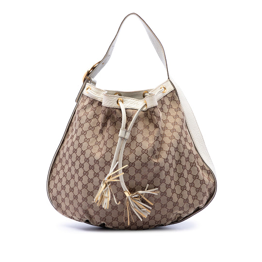 Gucci Interlocking Icon Drawstring Hobo Beige GG Canvas Calfskin