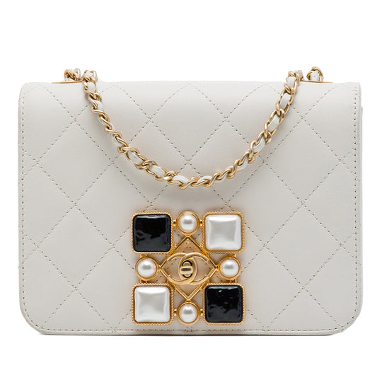 Chanel CC Full Flap Small White Calfskin Crystal Pearl