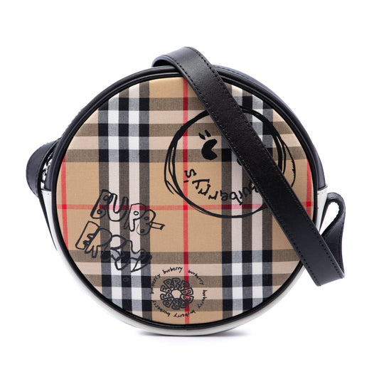 Burberry Cartoon Print Round Crossbody Beige House Check Canvas Calfskin