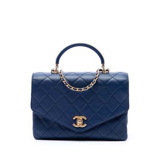 Chanel Quilted Metal Top Handle Envelope Flap Blue Calfskin