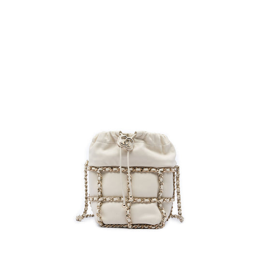 Chanel CC Chain Frame Drawstring Bucket Mini White Lambskin