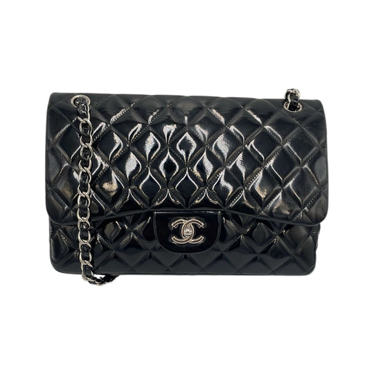Chanel Classic Doppia Patta Jumbo Pelle Verniciata Nera Argento