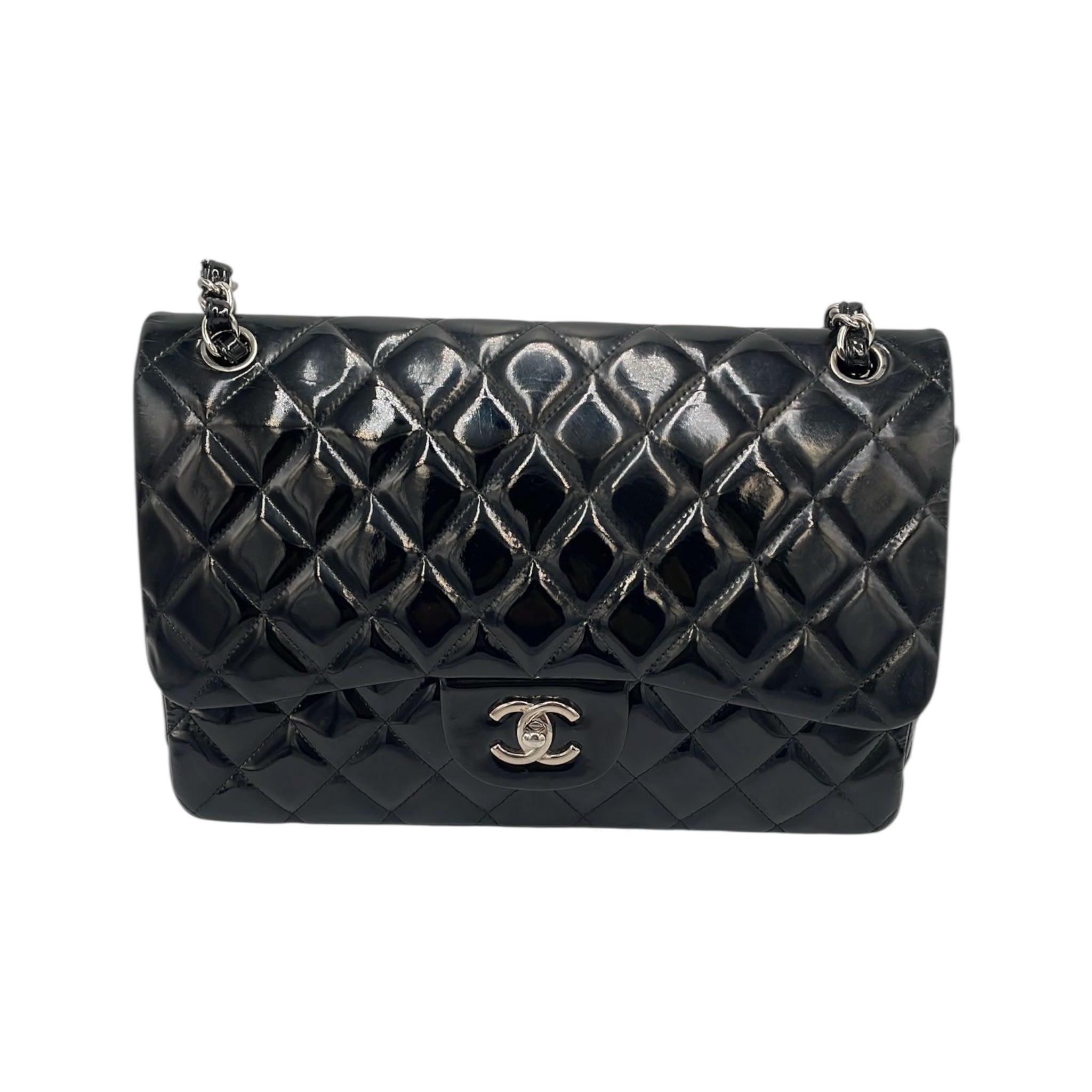 Chanel Classic Double Flap Jumbo Black Patent Leather Silver