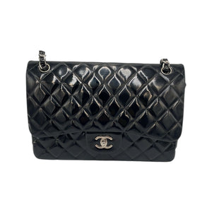 Chanel Classic Double Flap Jumbo Black Patent Leather Silver