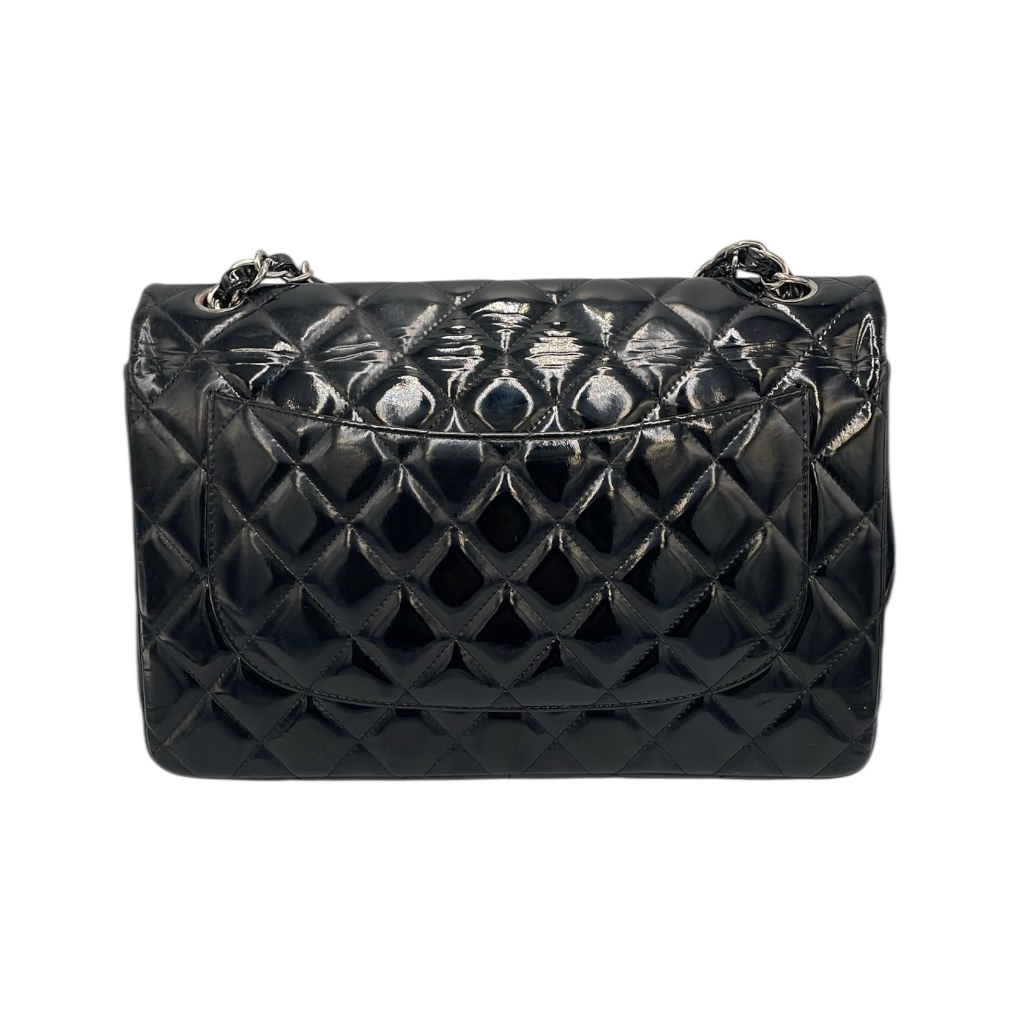Chanel Classic Double Flap Jumbo Black Patent Leather Silver