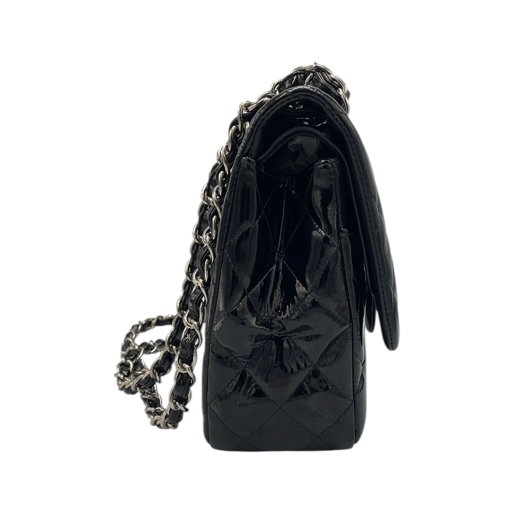 Chanel Classic Double Flap Jumbo Black Patent Leather Silver
