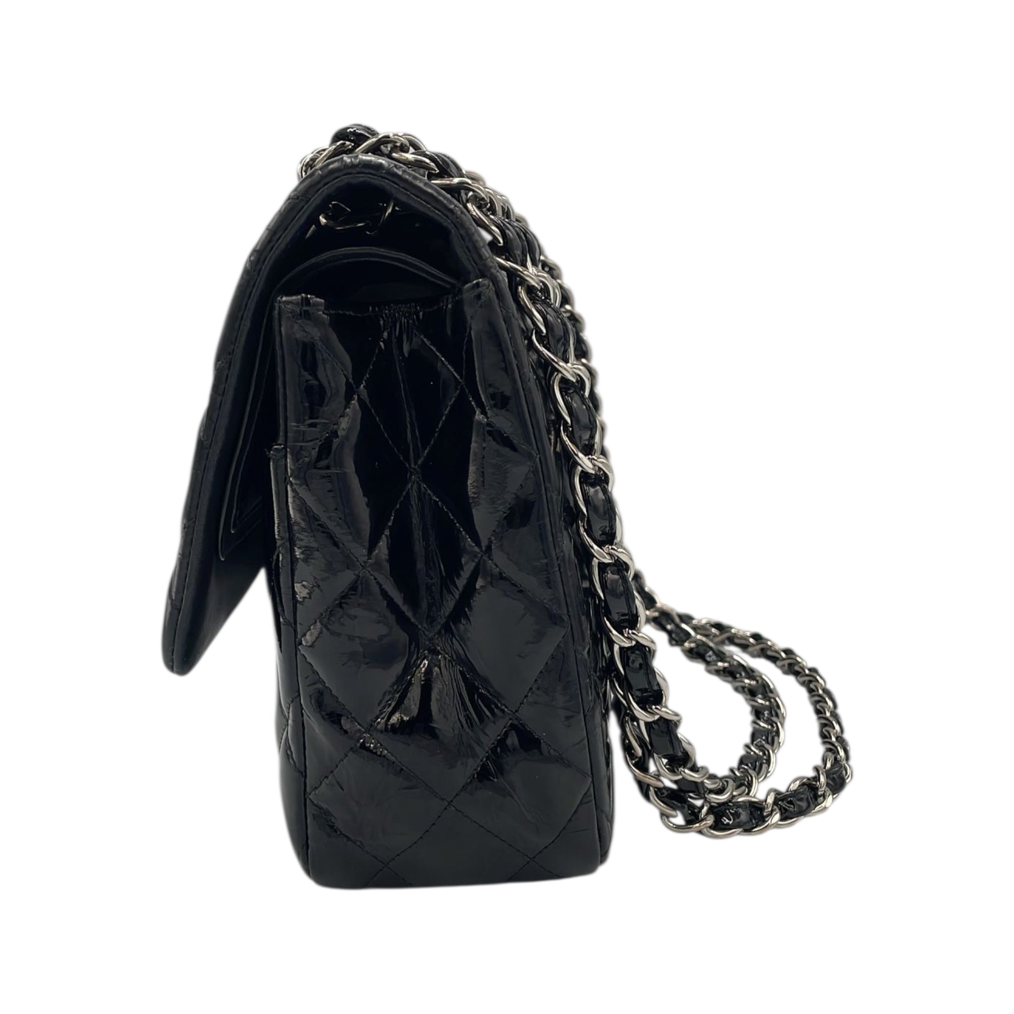 Chanel Classic Double Flap Jumbo Black Patent Leather Silver