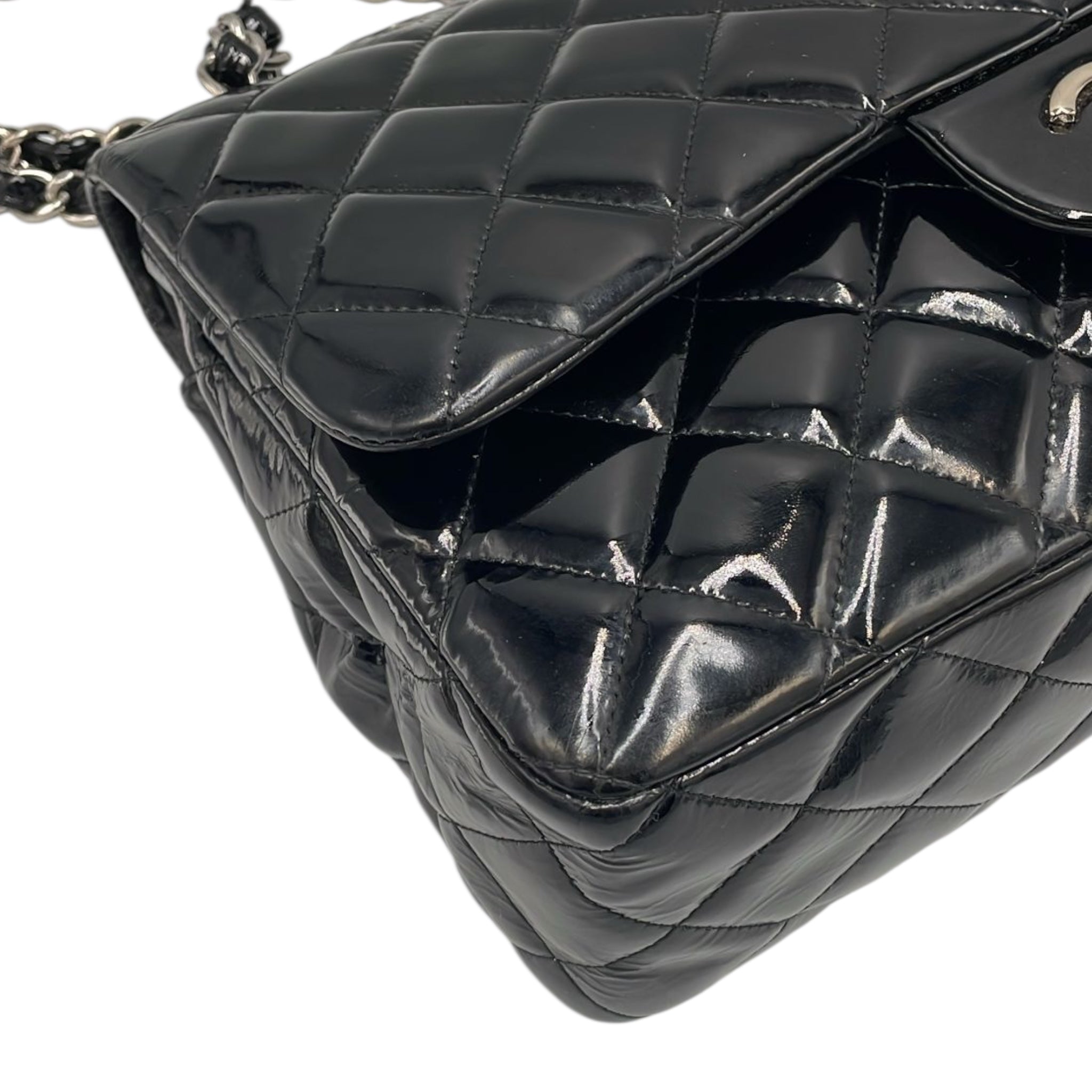 Chanel Classic Double Flap Jumbo Black Patent Leather Silver