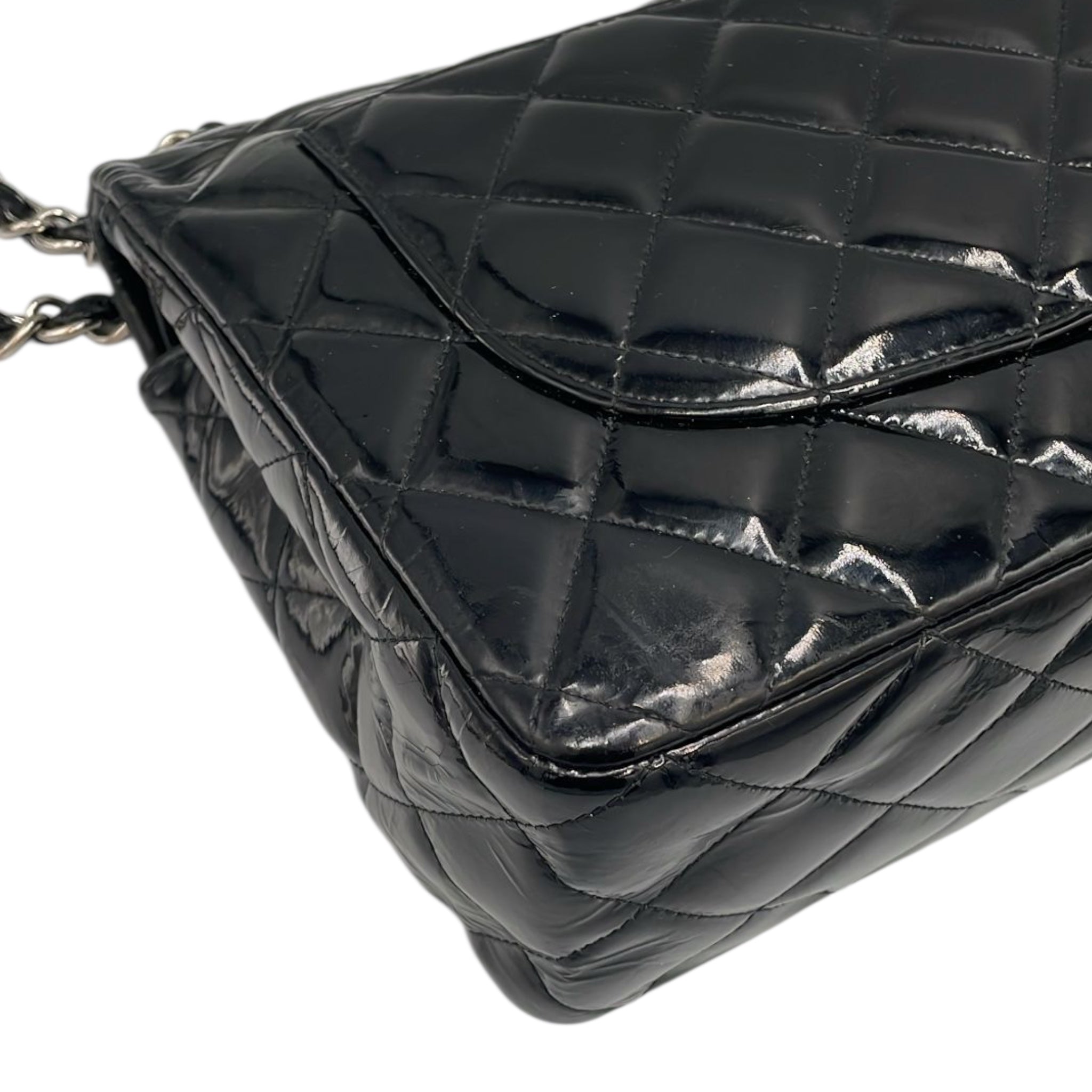 Chanel Classic Double Flap Jumbo Black Patent Leather Silver