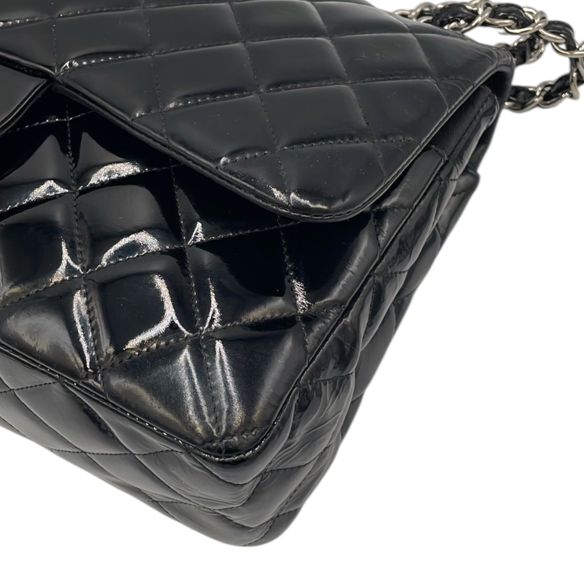 Chanel Classic Double Flap Jumbo Black Patent Leather Silver