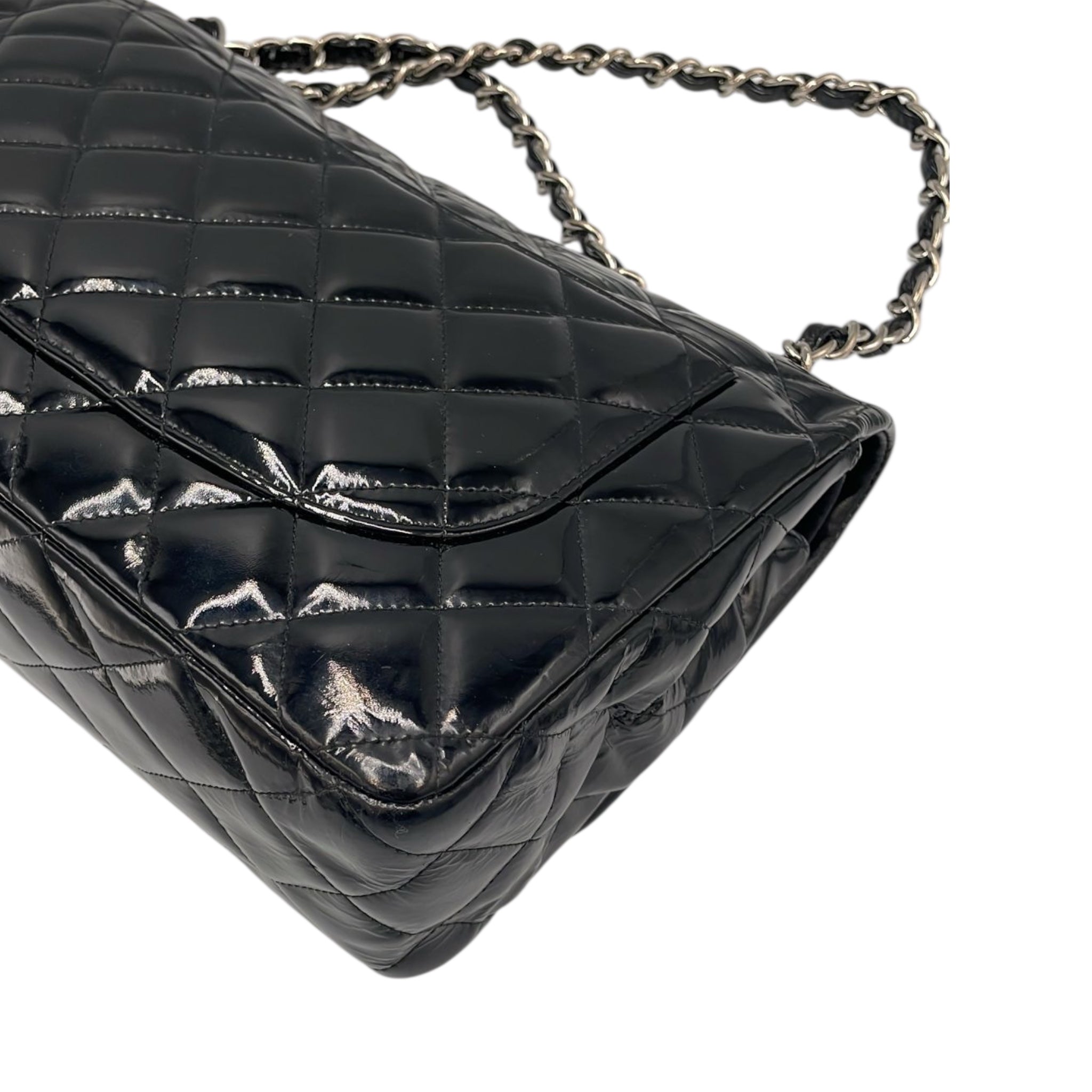 Chanel Classic Double Flap Jumbo Black Patent Leather Silver
