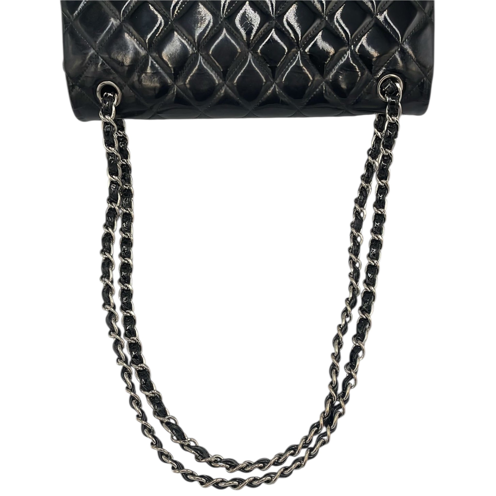 Chanel Classic Double Flap Jumbo Black Patent Leather Silver