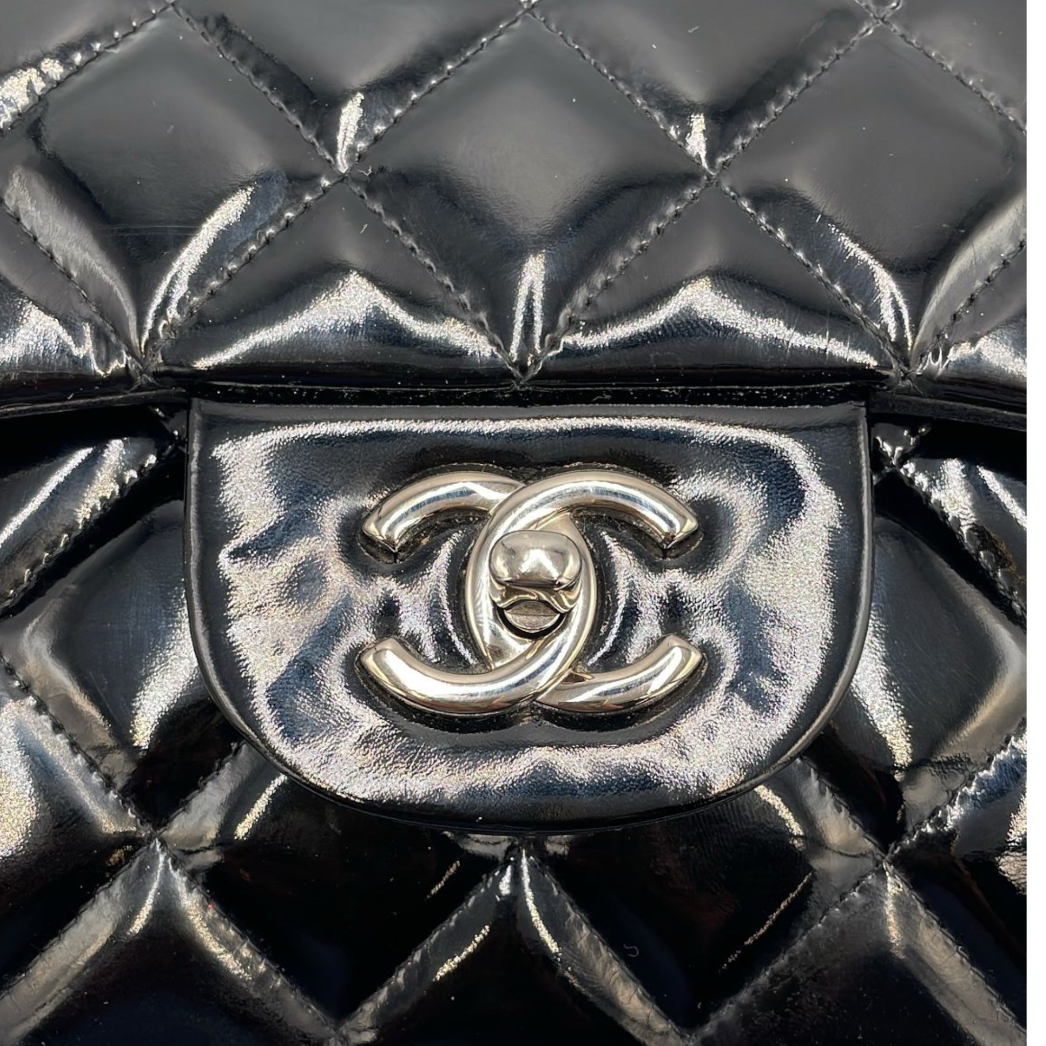 Chanel Classic Double Flap Jumbo Black Patent Leather Silver