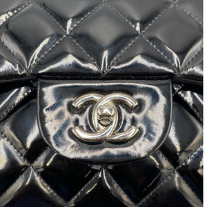 Chanel Classic Double Flap Jumbo Black Patent Leather Silver