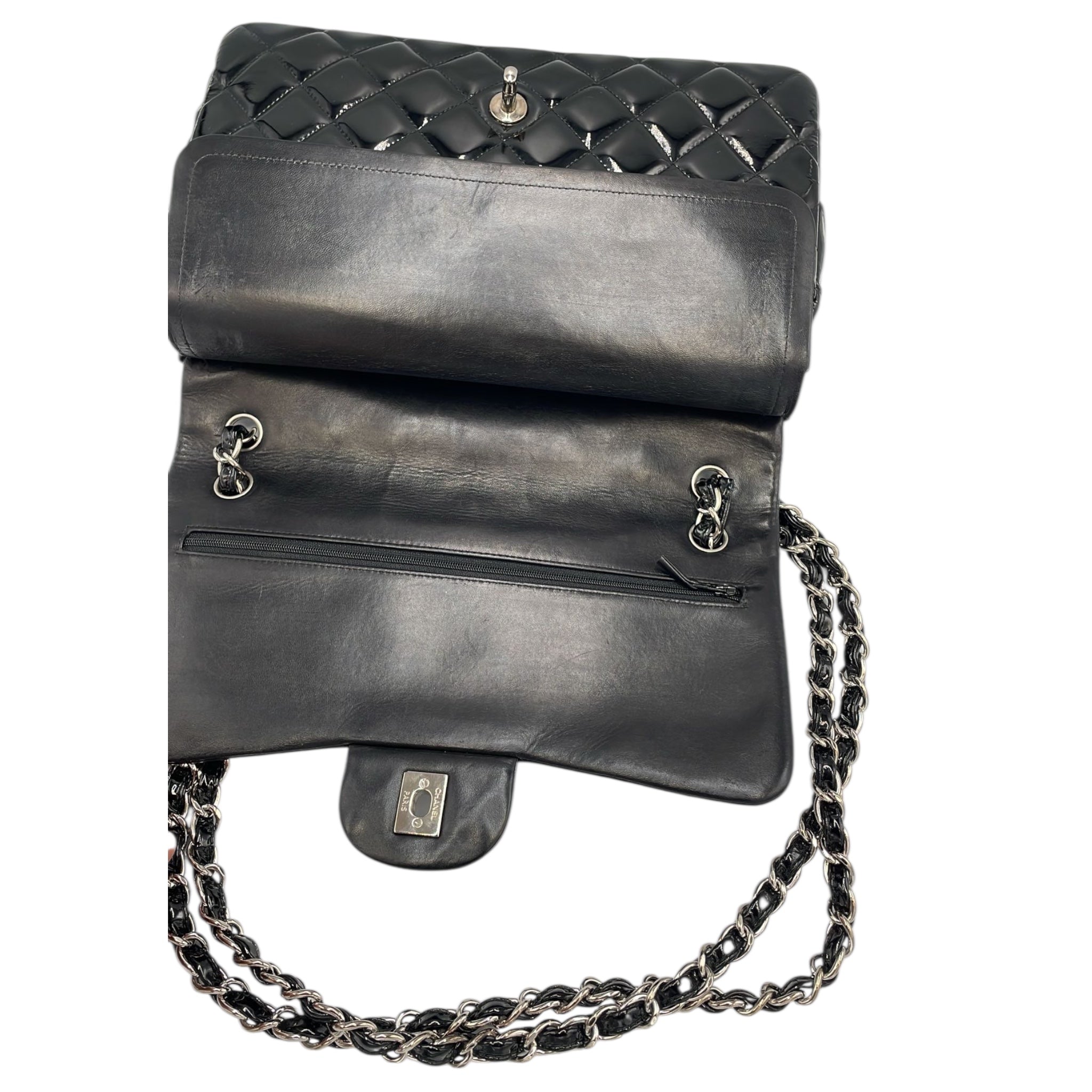 Chanel Classic Double Flap Jumbo Black Patent Leather Silver