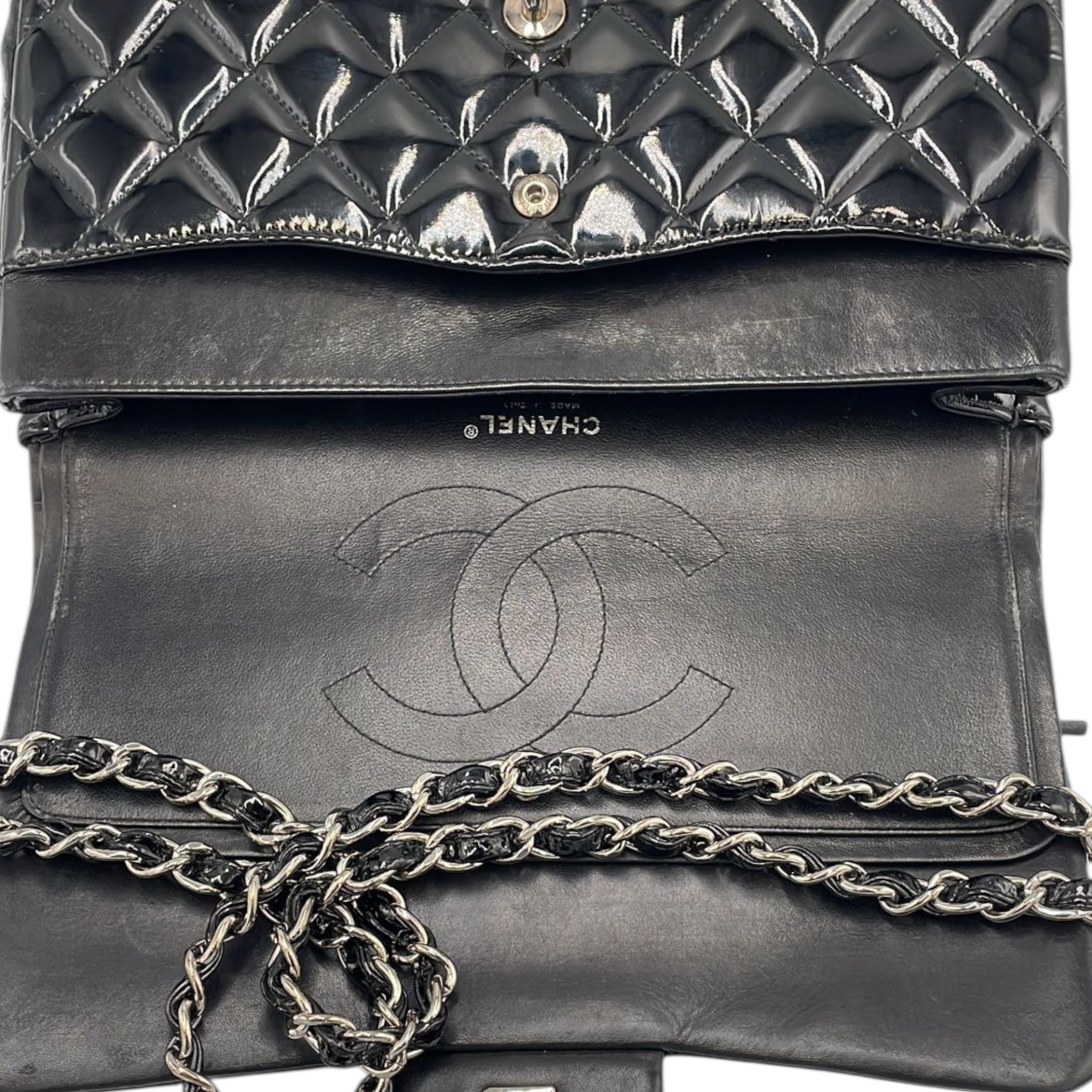 Chanel Classic Double Flap Jumbo Black Patent Leather Silver