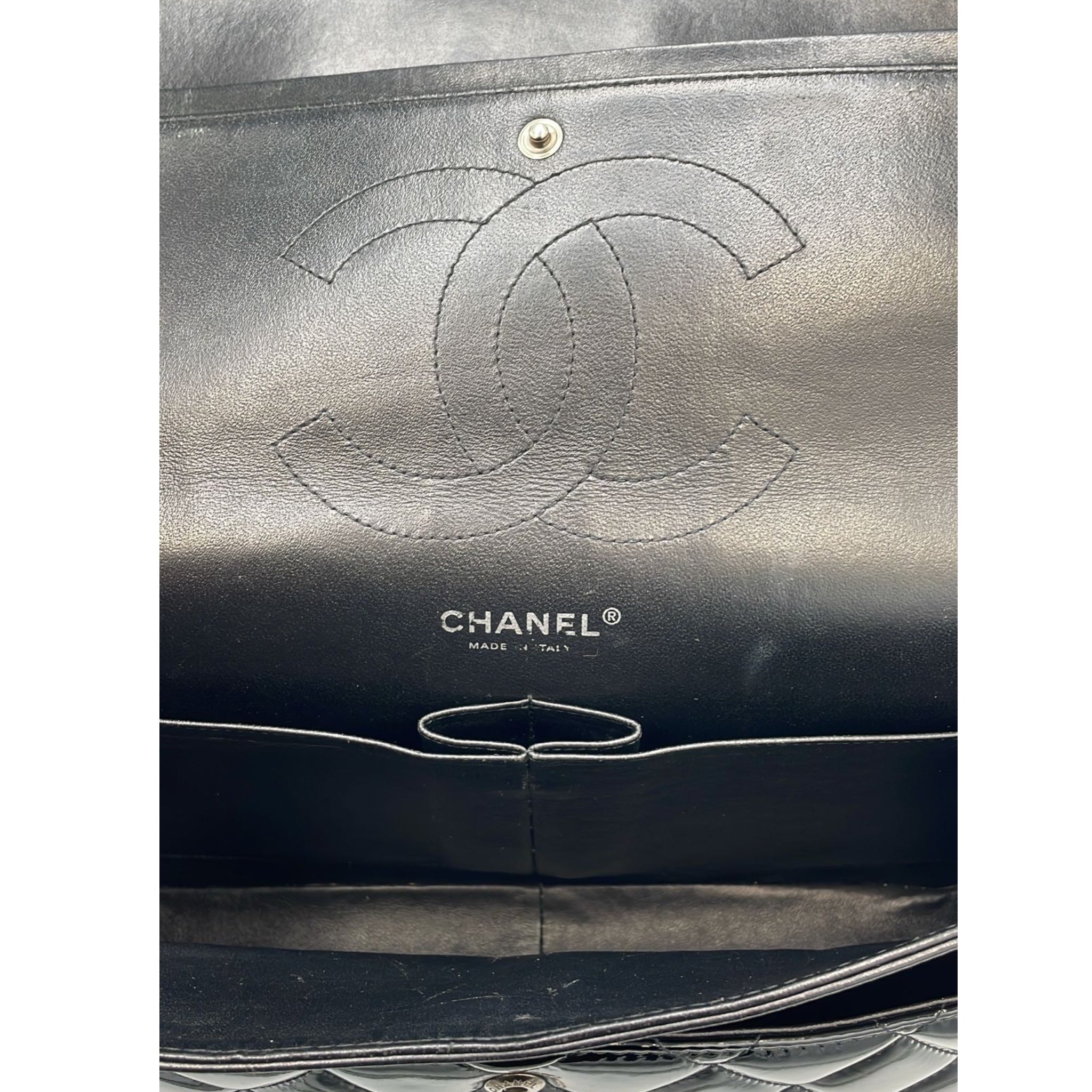 Chanel Classic Double Flap Jumbo Black Patent Leather Silver