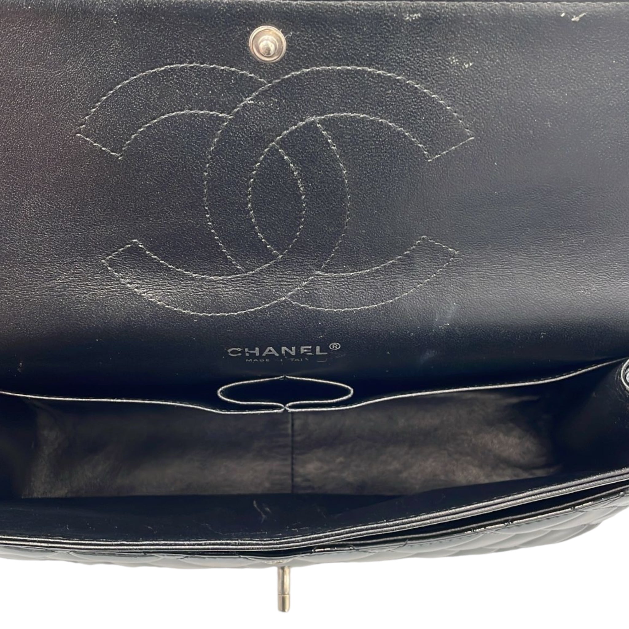 Chanel Classic Double Flap Jumbo Black Patent Leather Silver