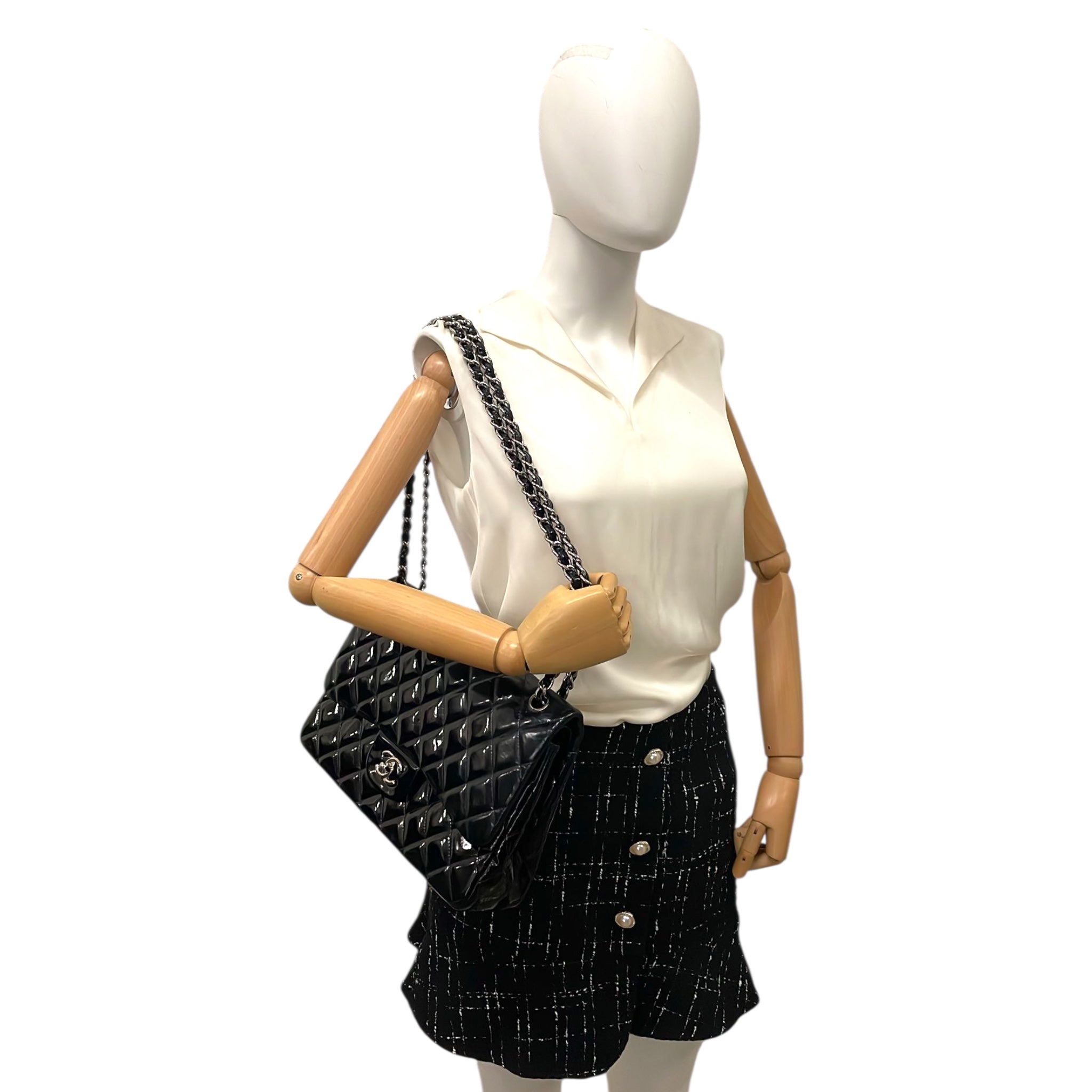 Chanel Classic Double Flap Jumbo Black Patent Leather Silver