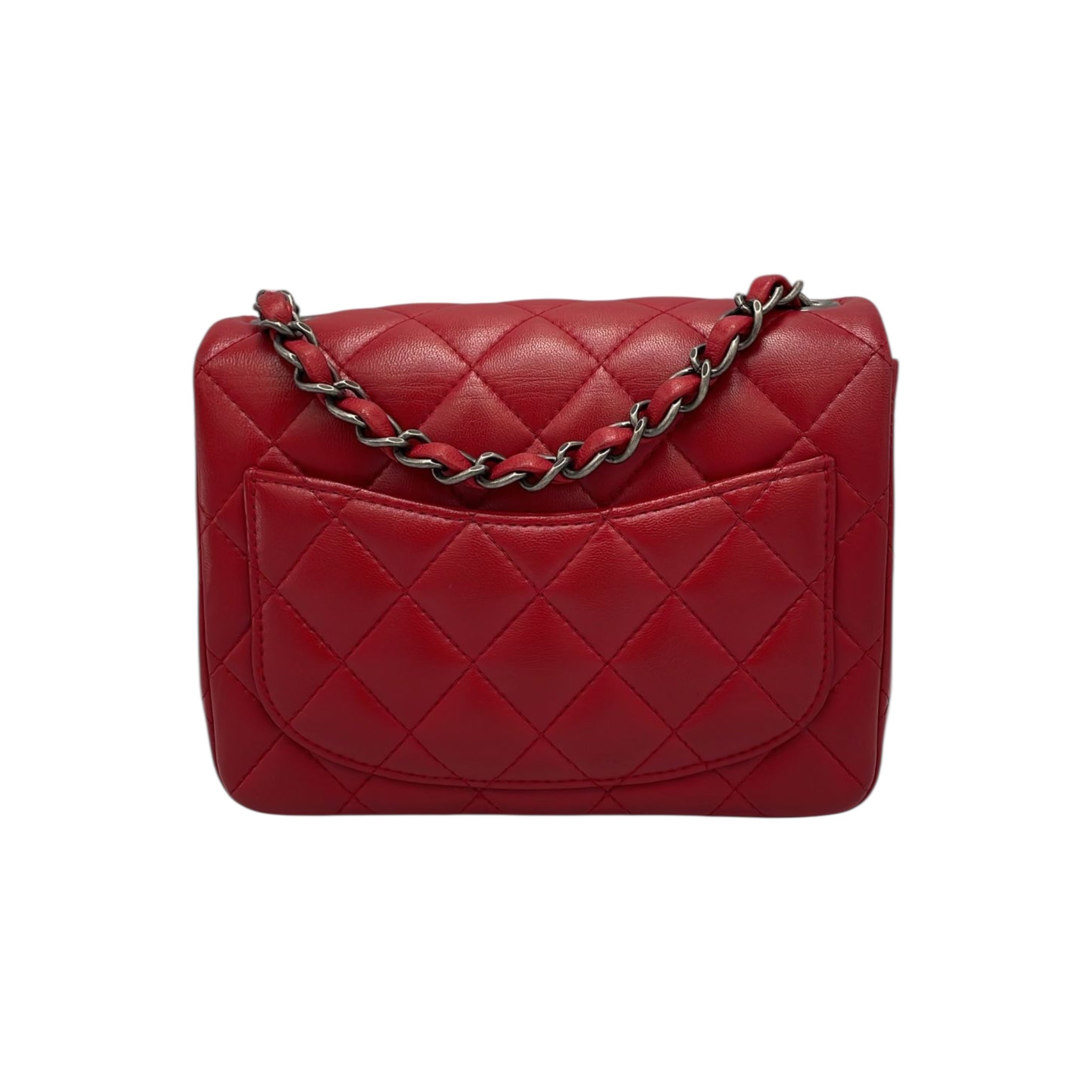 Chanel Classic Mini Square Red Lambskin Ruthenium