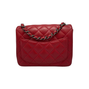 Chanel Classic Mini Square Red Lambskin Ruthenium