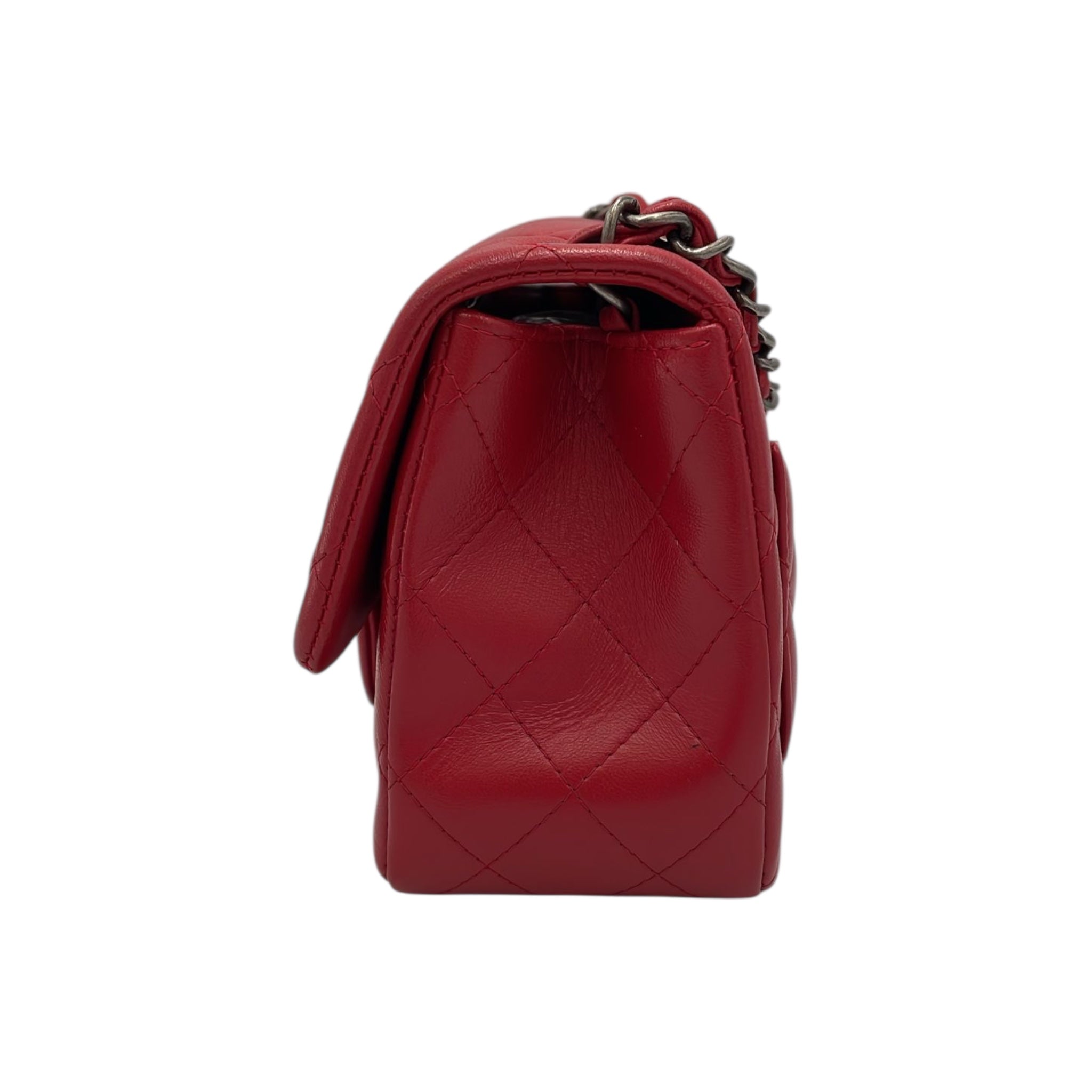 Chanel Classic Mini Square Red Lambskin Ruthenium