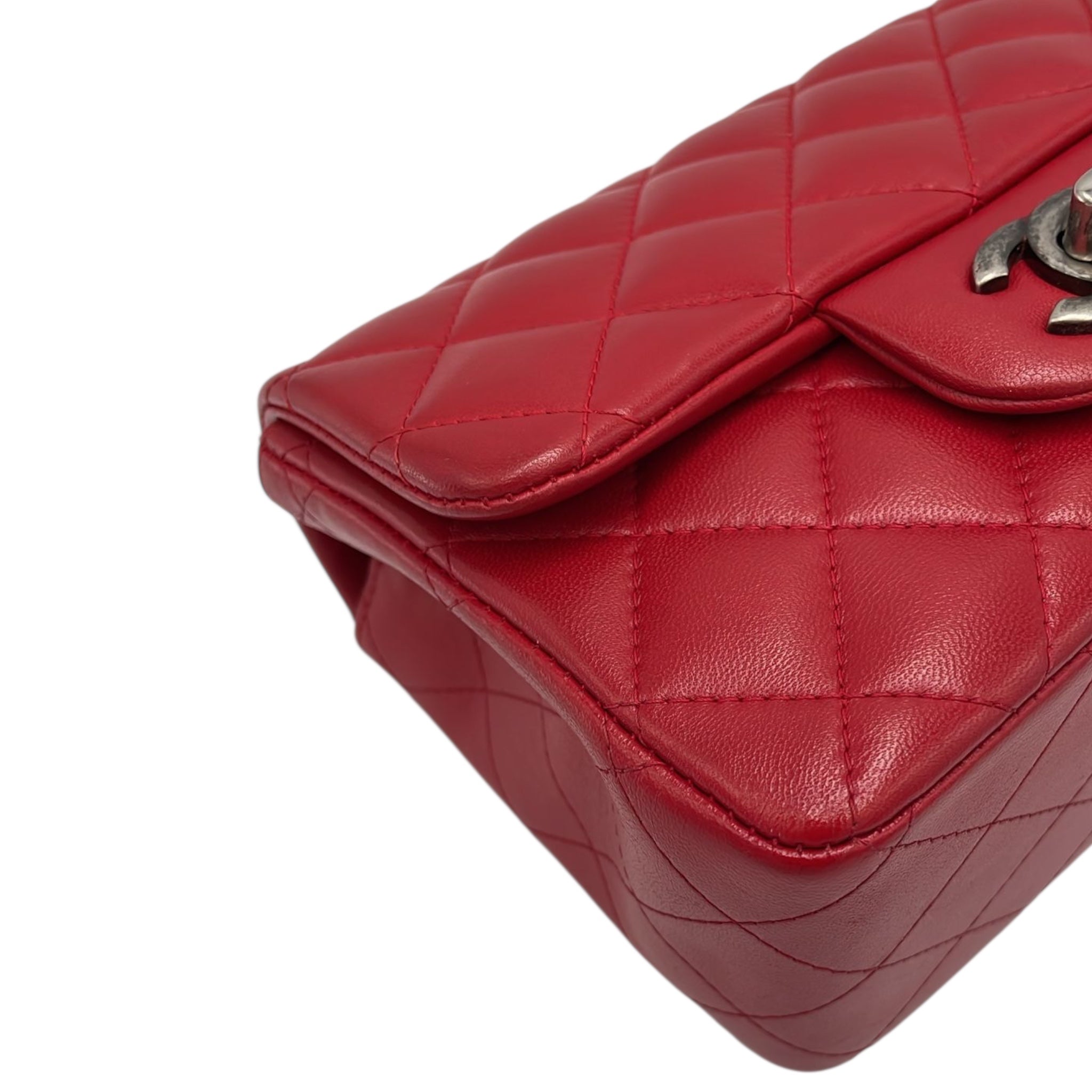 Chanel Classic Mini Square Red Lambskin Ruthenium